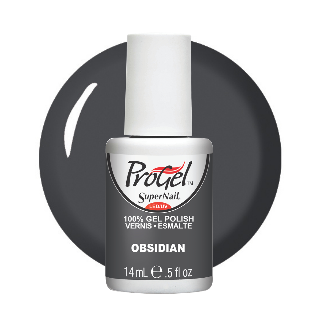 A bottle of Progel SuperNail LED gel polish in the shade Obsidian, shown in front of a dark gray circular background swatch on a white background.