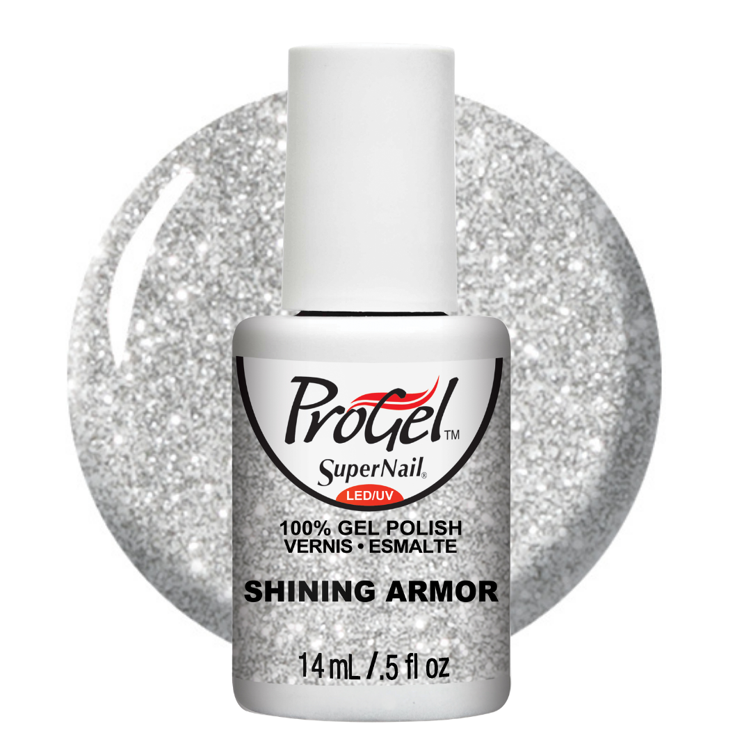 A bottle of Progel SuperNail LED UV gel polish in the shade Shining Armor, featuring a white cap and silver glitter nail polish, set against a matching circular silver glitter background.
