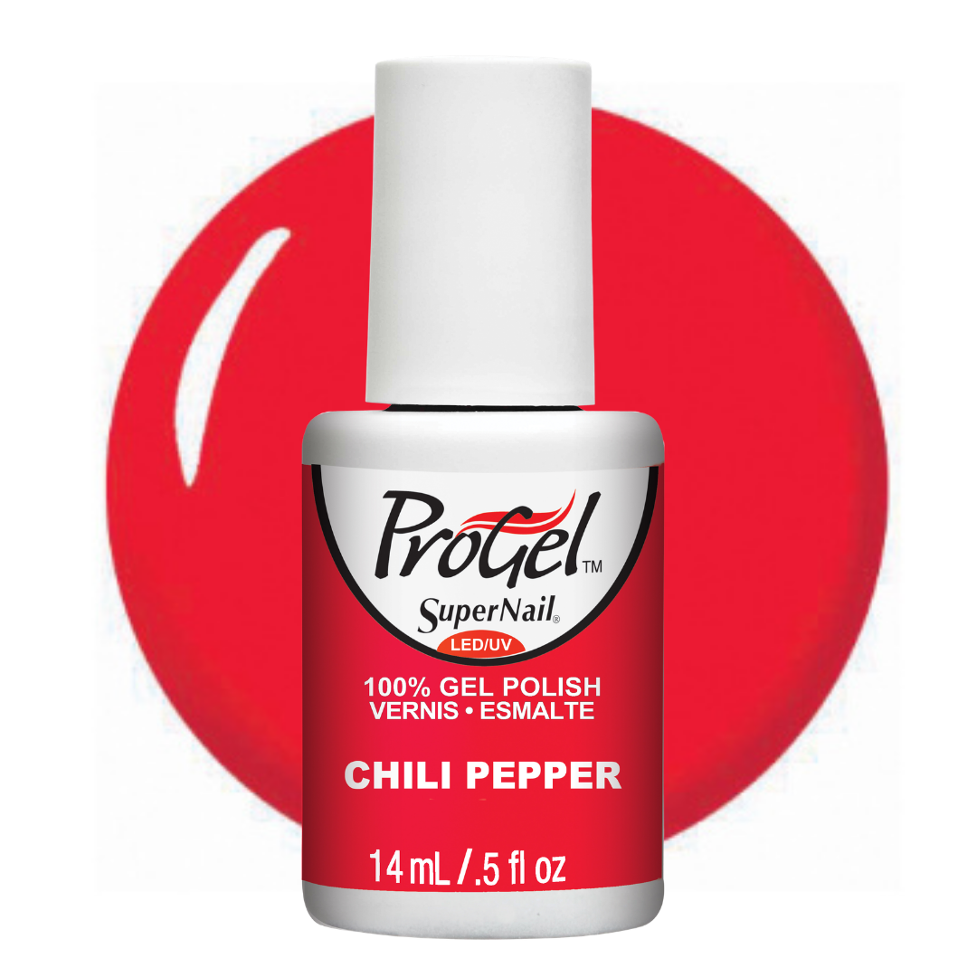 A bottle of Progel SuperNail LED gel polish in the shade Chili Pepper, featuring a red and white bottle with a white cap, set against a red circular swatch on a white background.