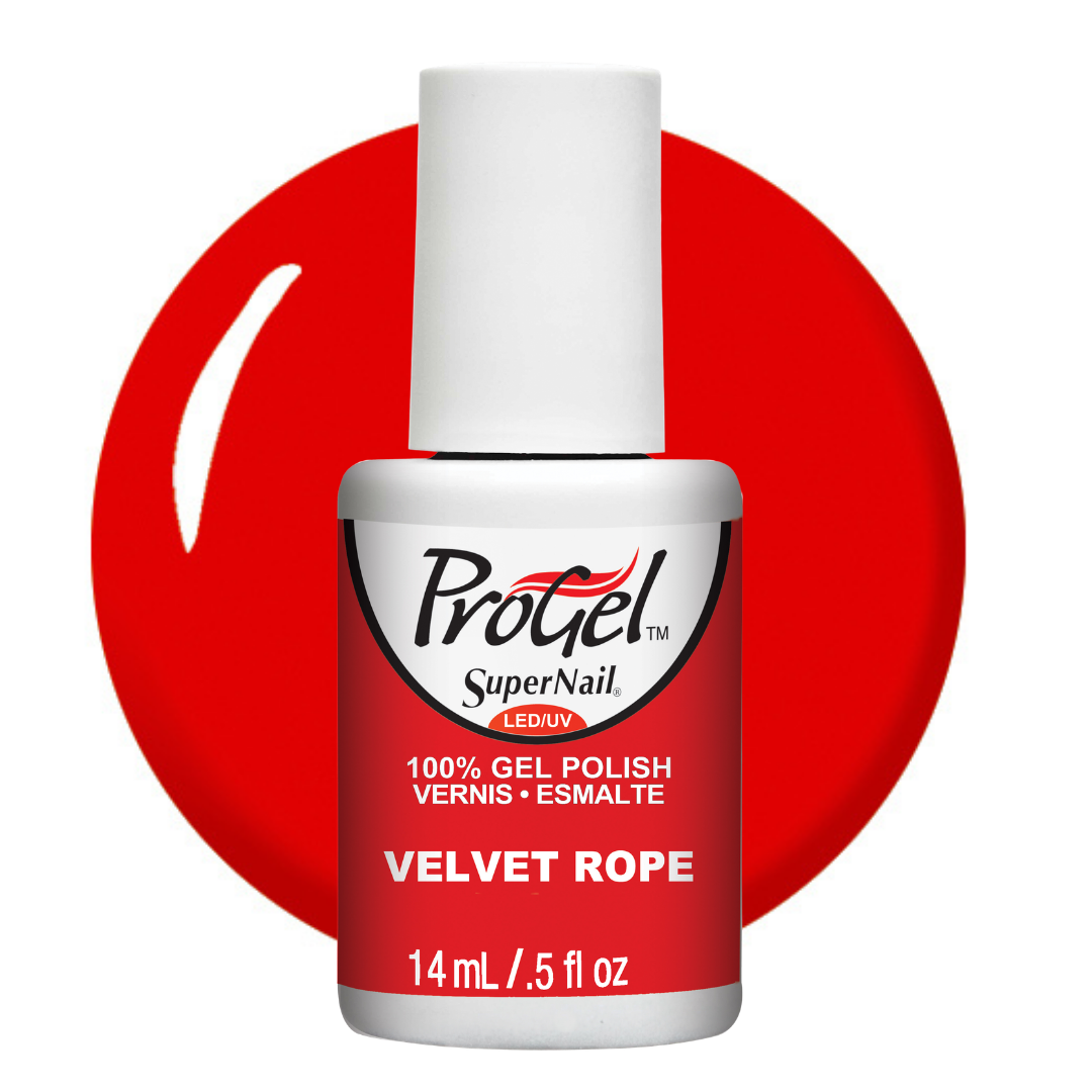 A bottle of Progel SuperNail LED UV gel polish in the shade Velvet Rope, featuring a red and white bottle with a white cap, set against a large red circular color swatch on a white background.