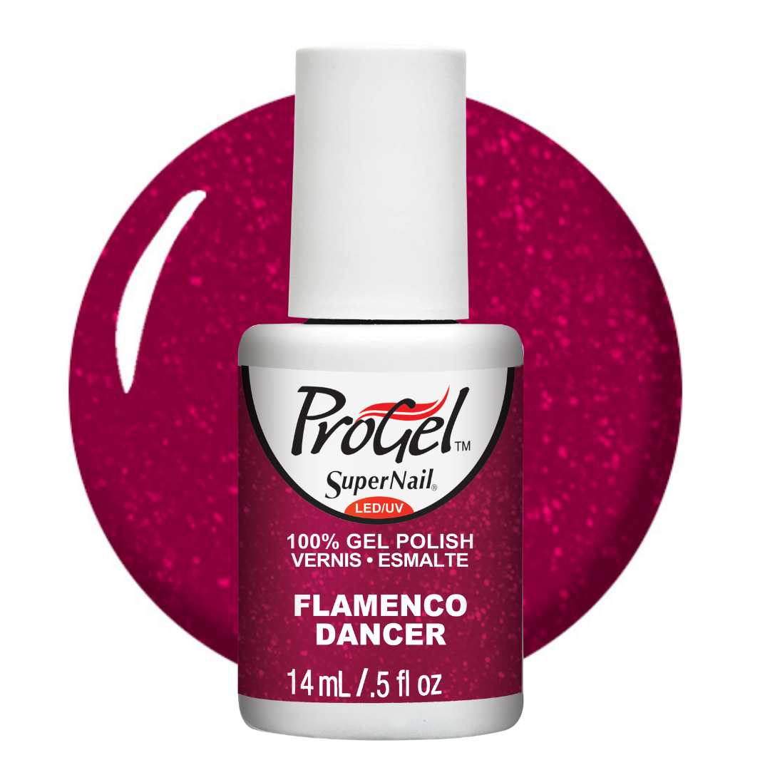 A bottle of Progel SuperNail LED UV gel polish in the shade 'Flamenco Dancer', featuring a white cap and a label with a magenta-pink glitter swatch background.
