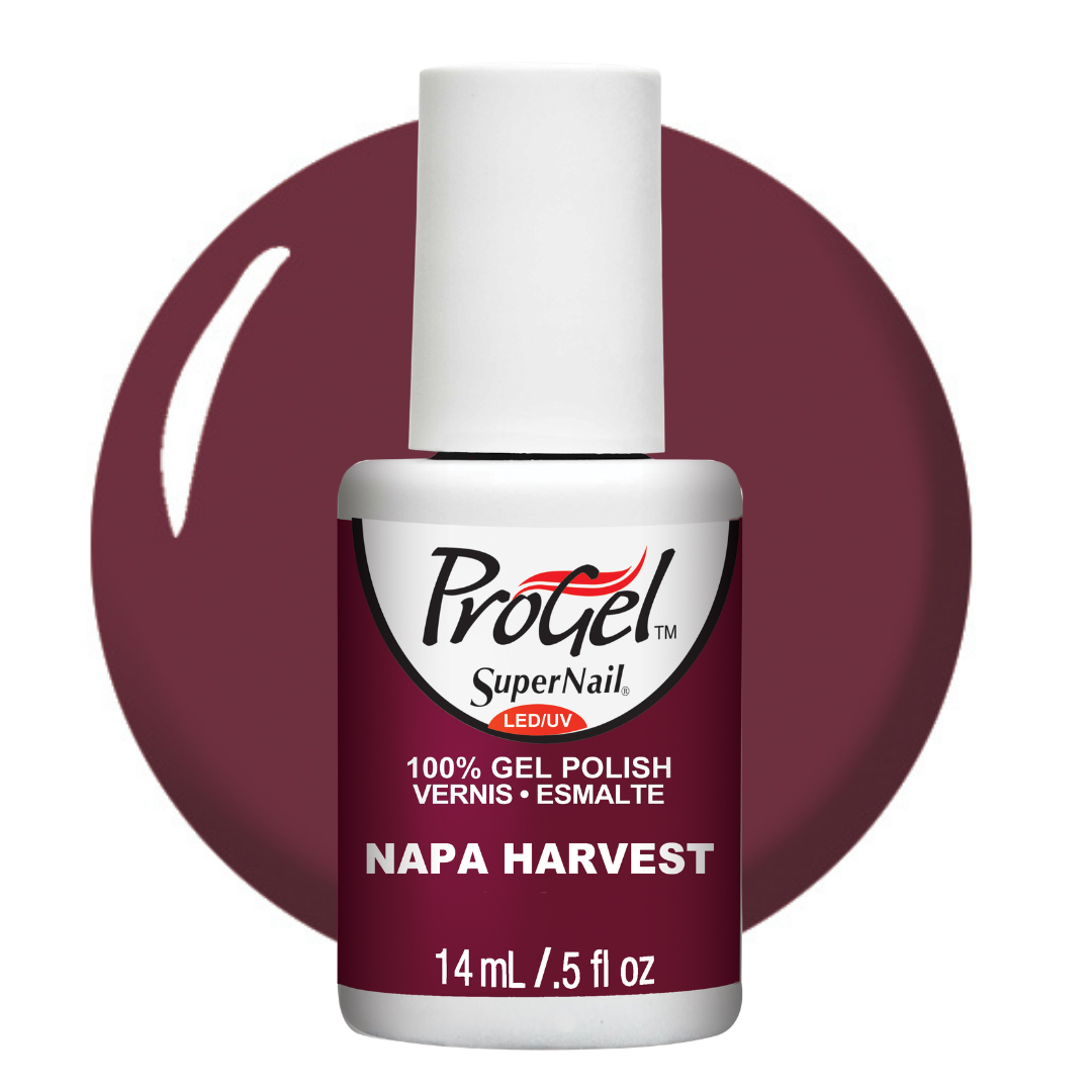 A bottle of ProGel SuperNail LED UV gel polish in the shade Napa Harvest, featuring a white cap and a burgundy label, set against a matching burgundy circular swatch on a white background.