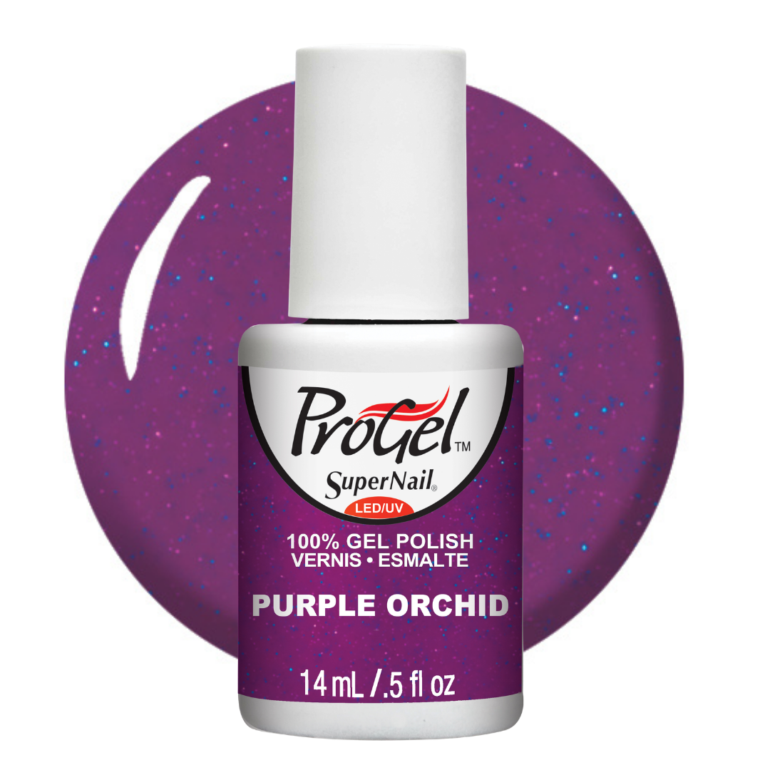 A bottle of Progel SuperNail LED UV gel polish in the shade Purple Orchid, shown in front of a matching purple glitter swatch on a white background.