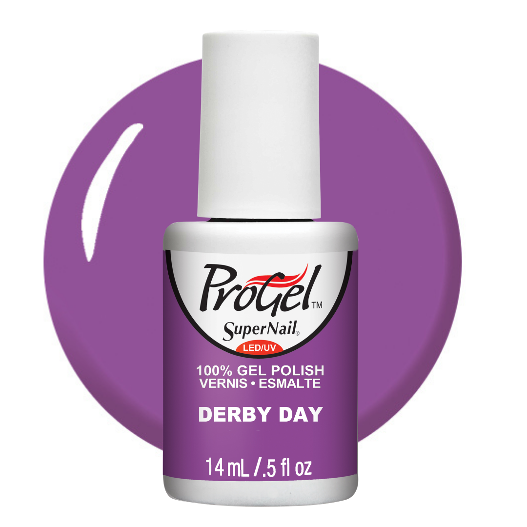 A bottle of Progel SuperNail LED UV gel polish in the shade 'Derby Day', featuring a purple label and white cap, set against a matching purple circular background on a white studio backdrop.