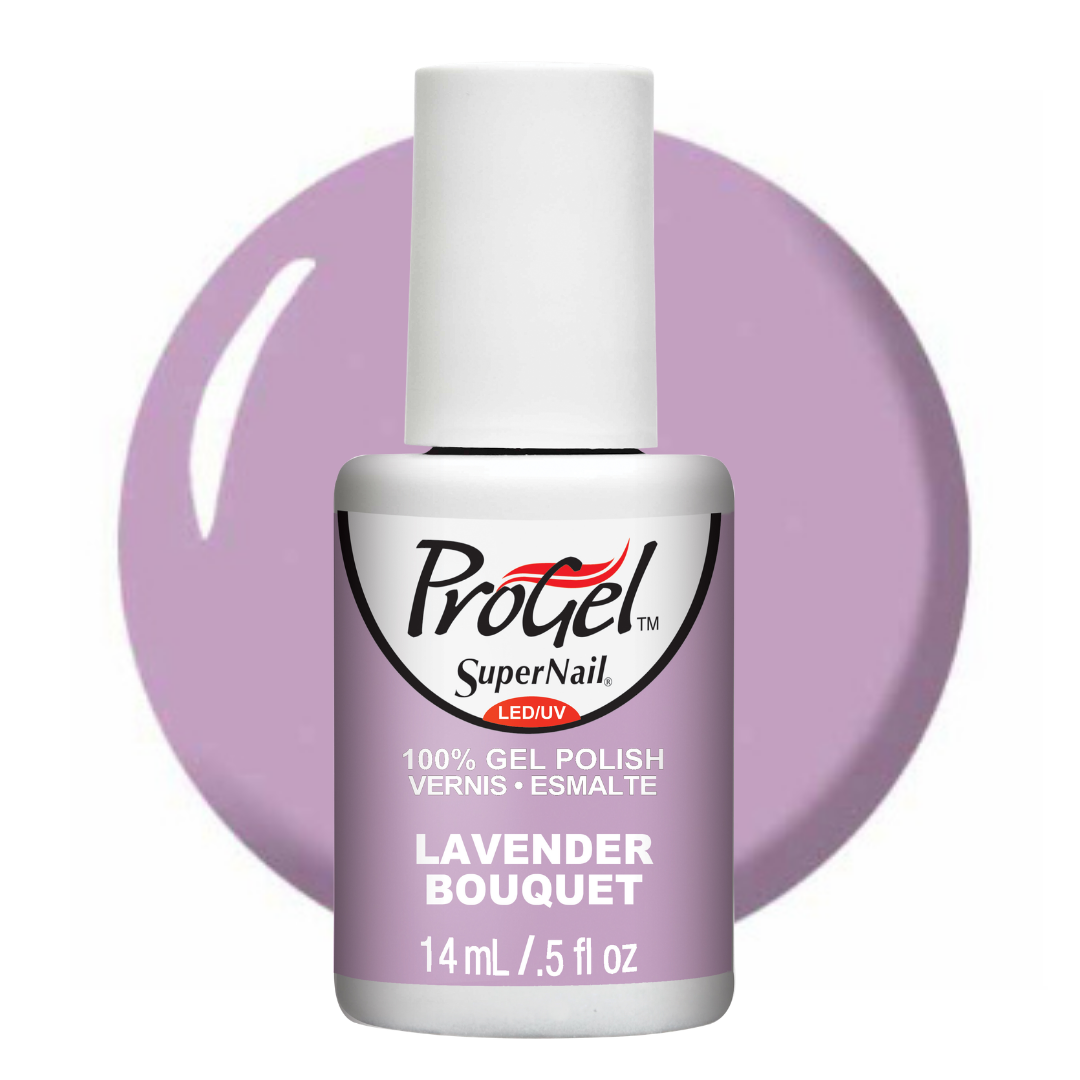 A bottle of Progel SuperNail LED UV gel nail polish in the shade Lavender Bouquet, featuring a lavender-colored label and cap, set against a matching lavender circular background on a white studio backdrop.