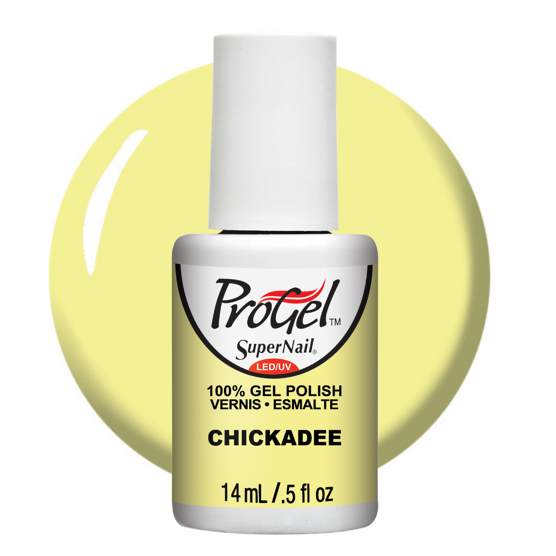 A bottle of ProGel SuperNail LED UV gel polish in the shade Chickadee, featuring a pale yellow-green polish color shown both on the bottle label and as a circular color swatch behind it.