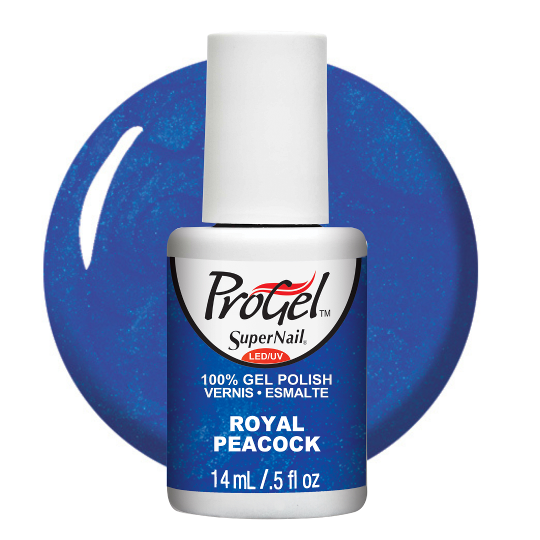 A bottle of Progel SuperNail LED UV gel polish in the shade Royal Peacock, featuring a blue glitter polish with a white cap, set against a matching blue glitter circular background.