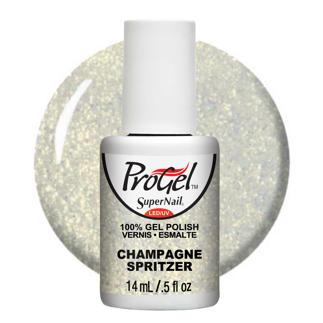 A bottle of Progel SuperNail LED UV gel polish in the shade Champagne Spritzer, featuring a white cap and label with a circular glittery champagne-colored polish swatch behind it.