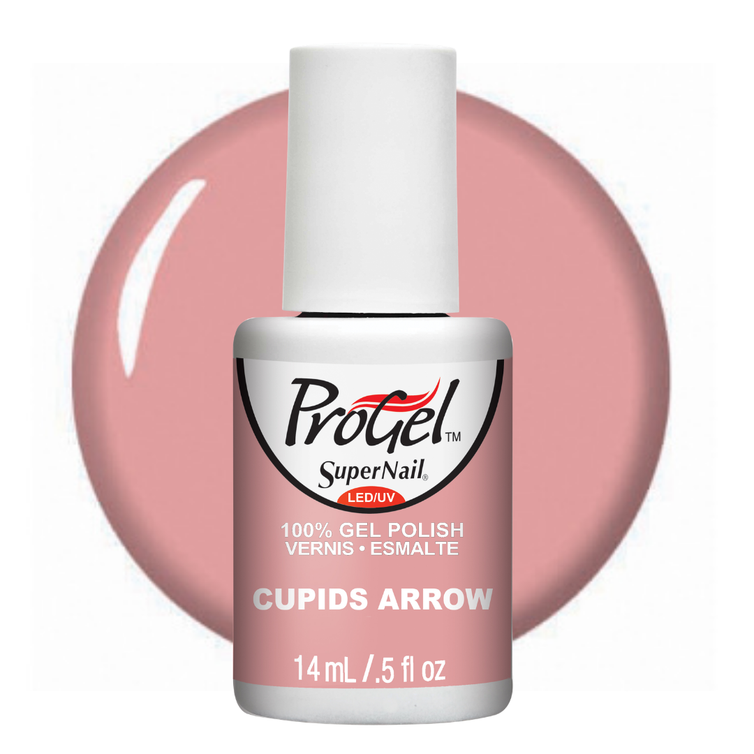 A bottle of ProGel SuperNail LED UV gel polish in the shade Cupids Arrow, featuring a dusty pink color swatch behind the bottle.