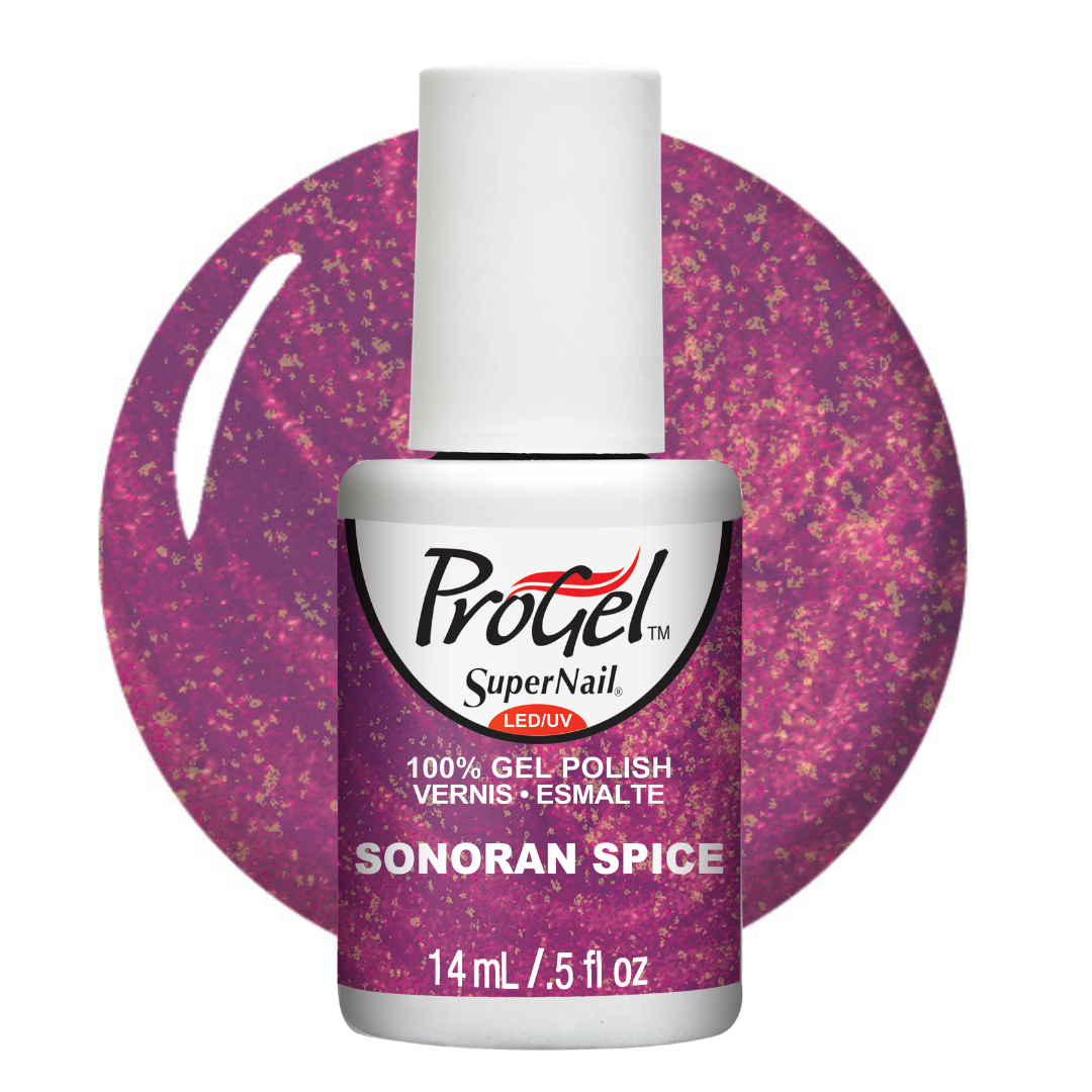 A bottle of ProGel SuperNail LED UV gel polish in the shade Sonoran Spice, featuring a white cap and a purple glitter label, set against a matching purple glitter swatch on a white background.