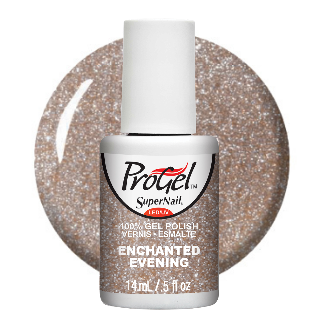 A bottle of Progel SuperNail LED UV gel polish in the shade Enchanted Evening, featuring a white cap and a silver label with glitter polish visible through the bottle, set against a circular glitter swatch on a white background.