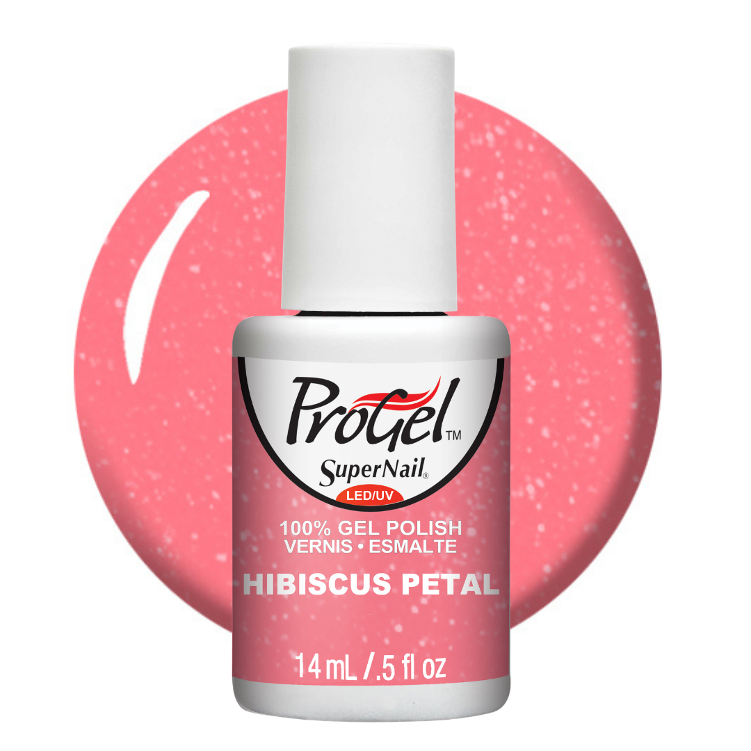 A bottle of ProGel SuperNail LED UV gel polish in the shade Hibiscus Petal, featuring a pink glitter swatch background.
