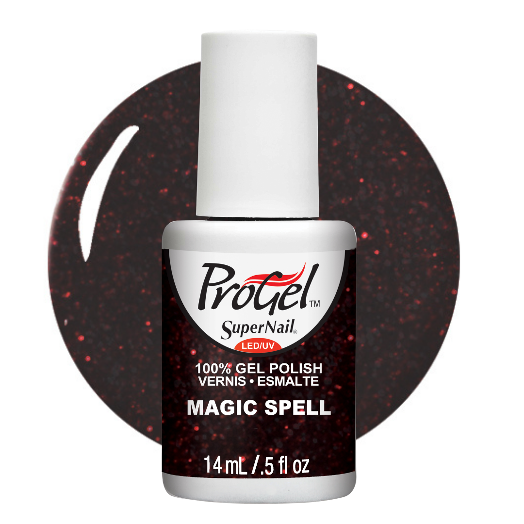 A bottle of ProGel SuperNail LED UV gel polish in the shade Magic Spell, featuring a white cap and a black label with red glitter, set against a matching dark red glitter polish swatch on a white background.