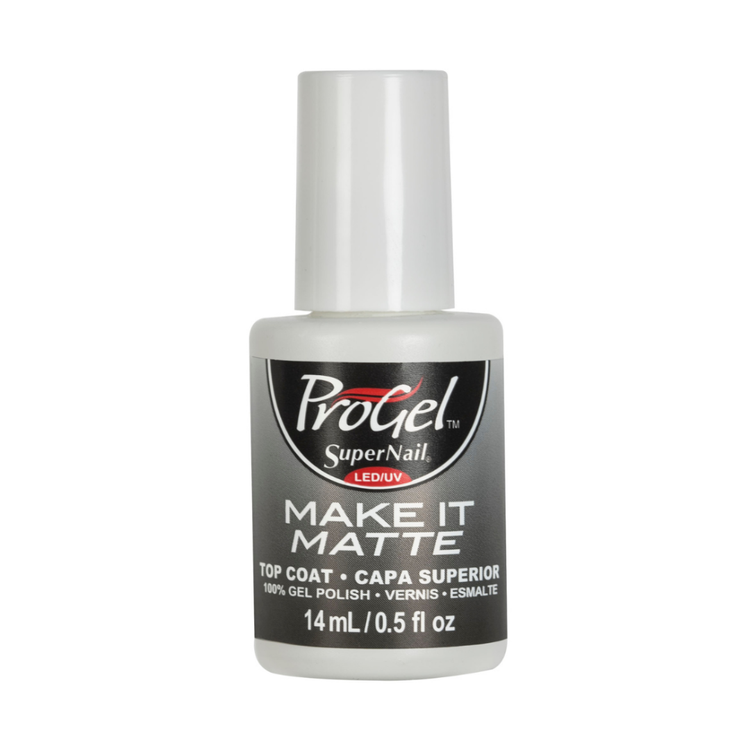 ProGel SuperNail LED UV Make It Matte top coat gel polish bottle, 14 mL / 0.5 fl oz, on a white background.