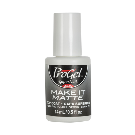 ProGel SuperNail LED UV Make It Matte top coat gel polish bottle, 14 mL / 0.5 fl oz, on a white background.