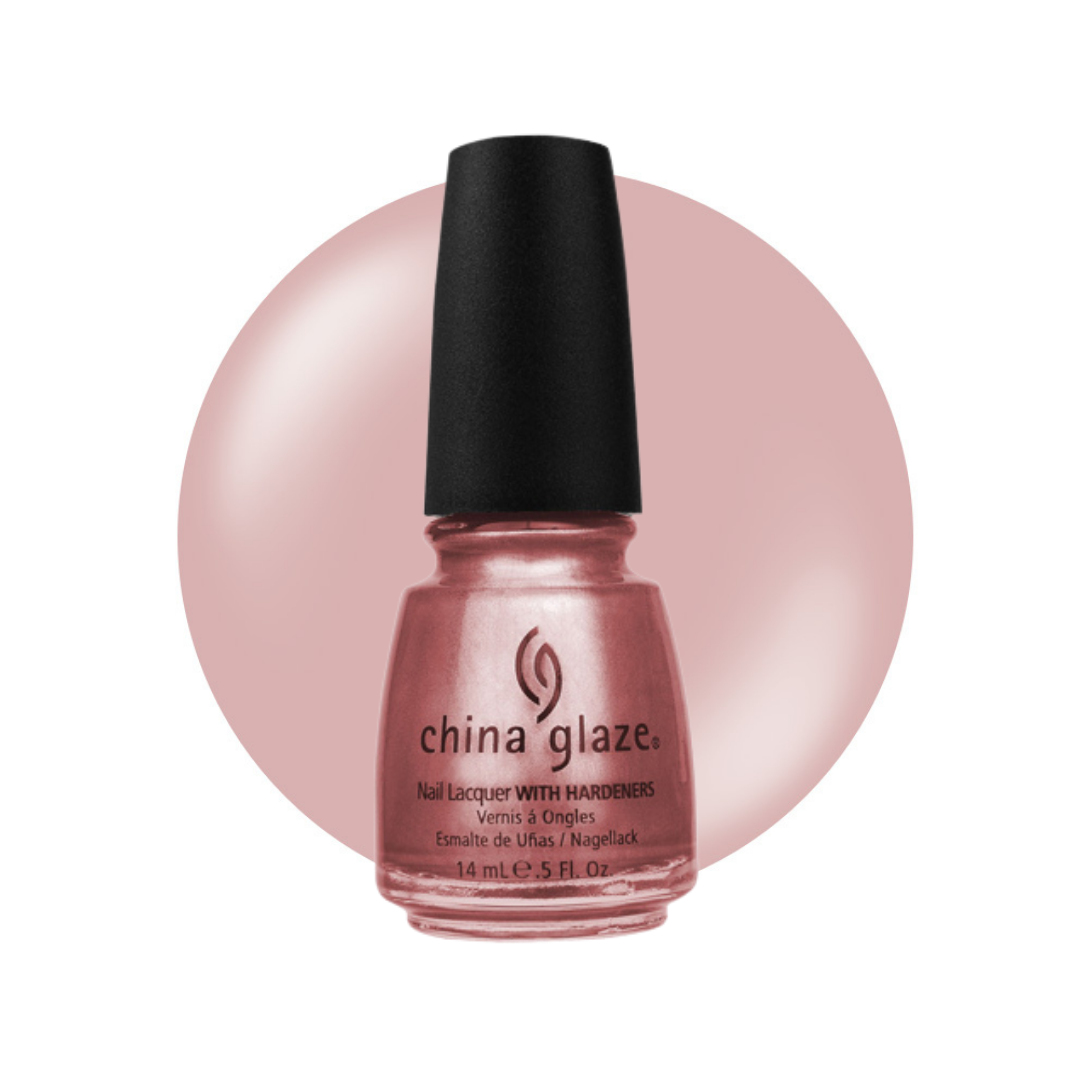 A bottle of China Glaze nail lacquer with hardener in a dusty rose pink shade, shown against a white background with a large matching pink circular color swatch behind it.