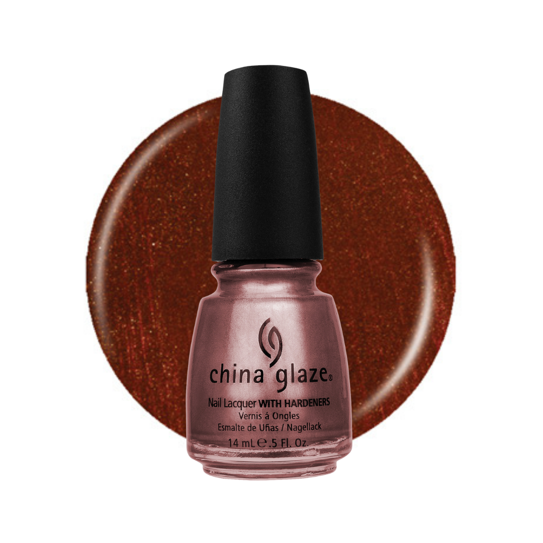 A bottle of China Glaze nail polish with a black cap, shown in front of a circular swatch of the glittery copper-rose polish color on a white background.