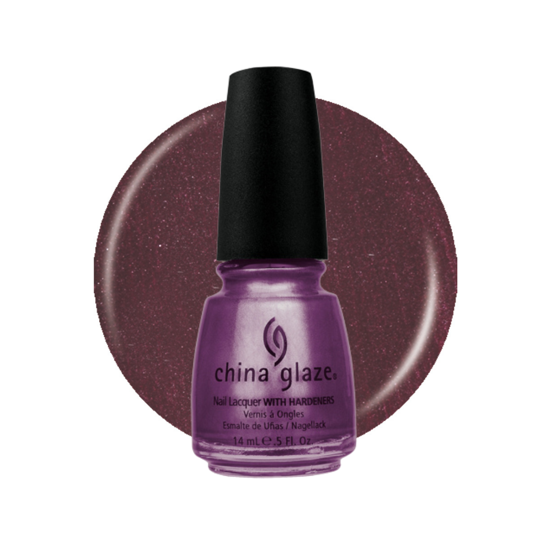 A bottle of China Glaze nail lacquer with hardeners in the shade Vrms a Dgls, featuring a purple bottle with a black cap, set against a circular swatch of the deep plum glitter polish on a white background.