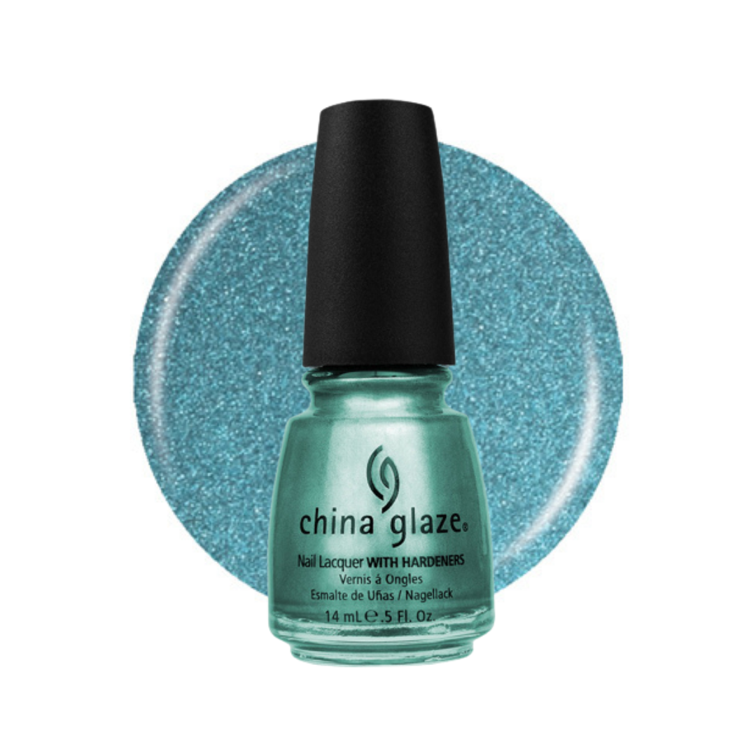 A bottle of China Glaze nail polish in a shimmering teal-blue shade, shown in front of a matching circular color swatch on a white background.