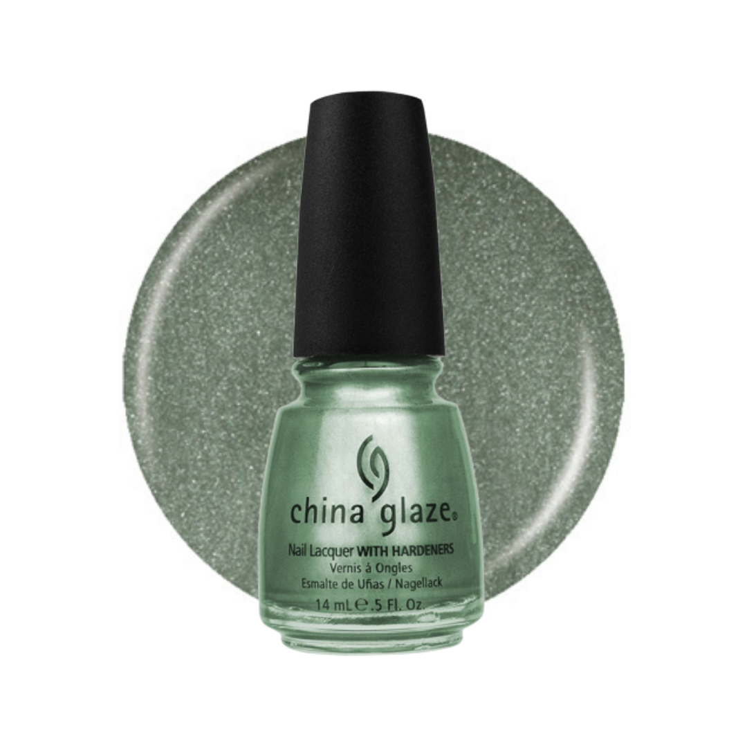 A bottle of China Glaze nail polish in a shimmering sage green shade, shown in front of a matching circular color swatch on a white background.