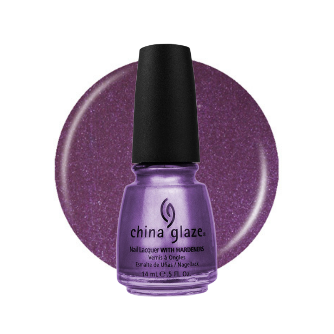A bottle of China Glaze nail lacquer in a sparkling purple shade, shown in front of a matching circular color swatch on a white background.