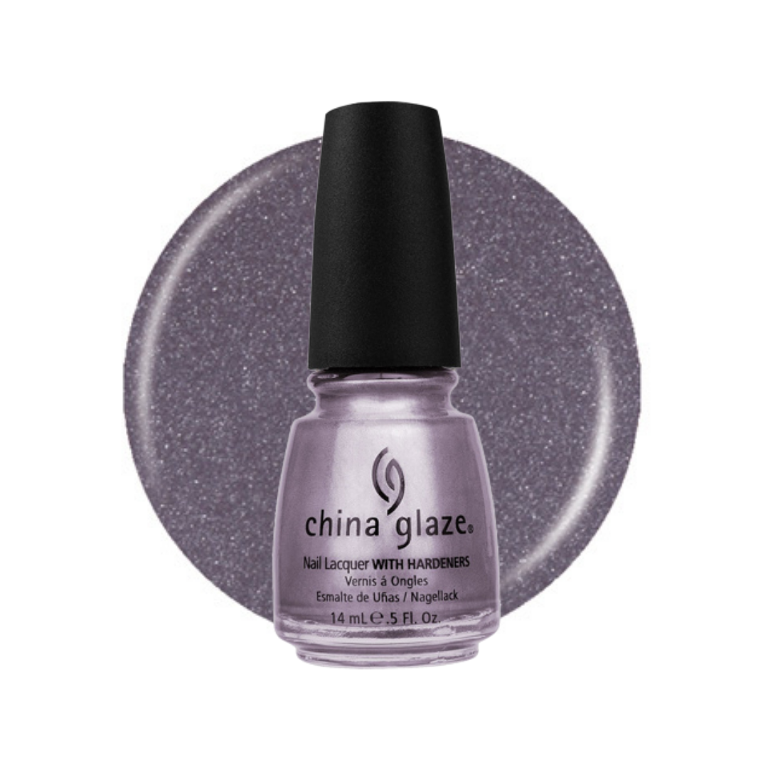 A bottle of China Glaze nail polish with a black cap, shown in front of a circular glitter swatch of the same lavender-purple shade on a white background.