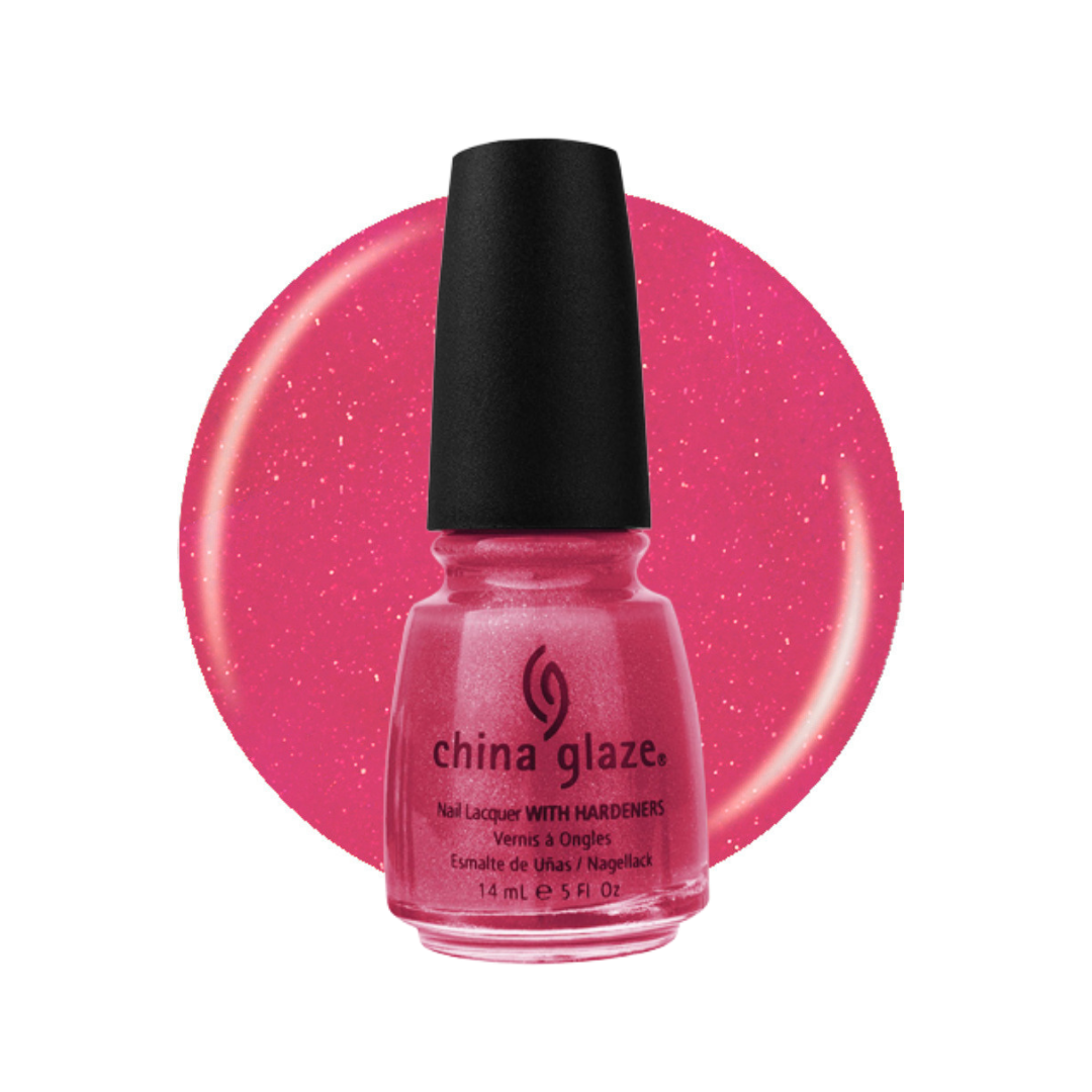 A bottle of China Glaze nail polish in a bright pink glitter shade, shown in front of a matching circular swatch on a white background.