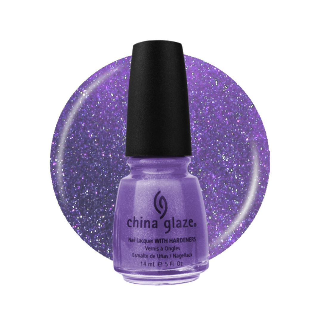 A bottle of China Glaze nail polish in a sparkling lavender-purple shade, shown in front of a matching circular glitter swatch on a white background.