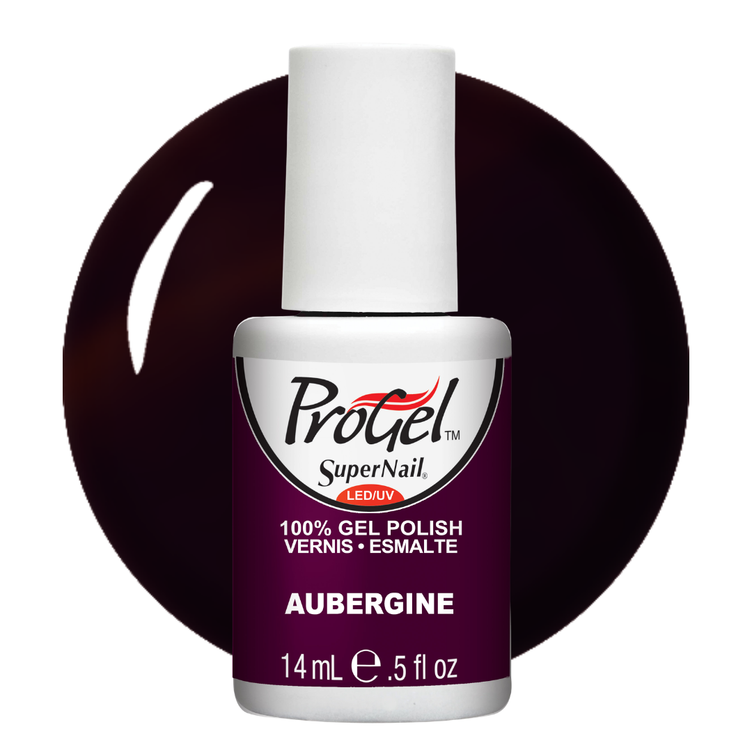 A bottle of Progel SuperNail LED gel nail polish in the shade Aubergine, shown against a white background with a dark aubergine circular swatch behind it.