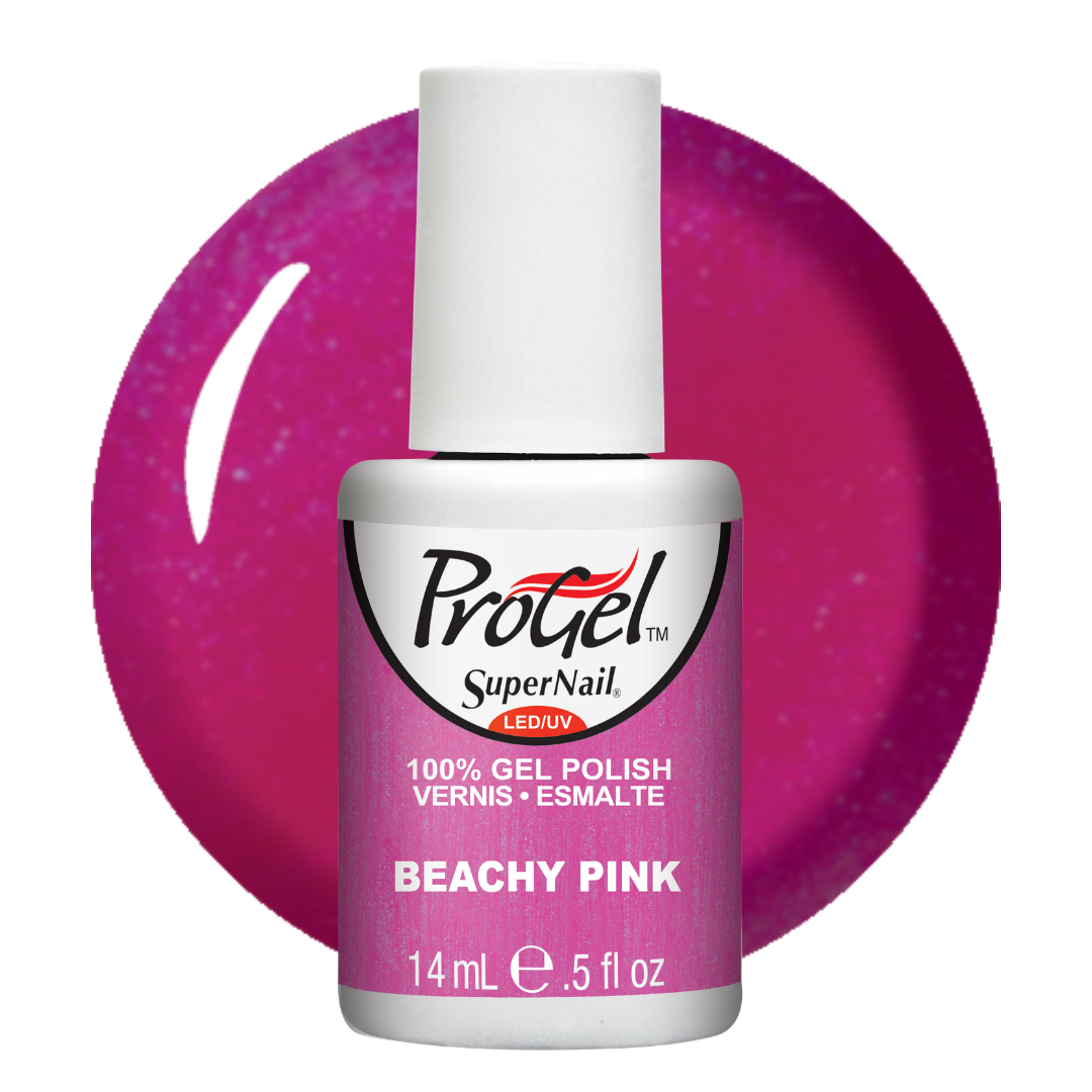 A bottle of Progel SuperNail LED UV Gel Polish in the shade 'Beachy Pink', shown against a large circular magenta-pink swatch of the polish itself on a white background.