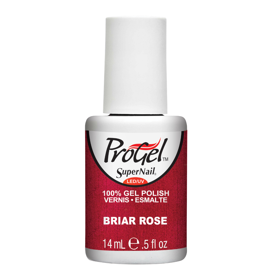 A bottle of ProGel SuperNail LED UV gel polish in the shade Briar Rose, featuring a white cap and a red and white label.