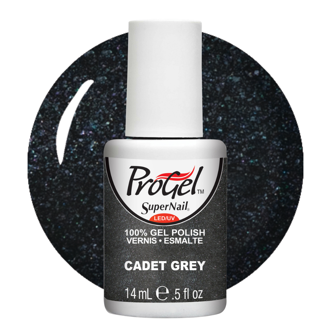 A bottle of Progel SuperNail LED gel nail polish in the shade Aubergine, shown against a white background with a dark aubergine circular swatch behind it.