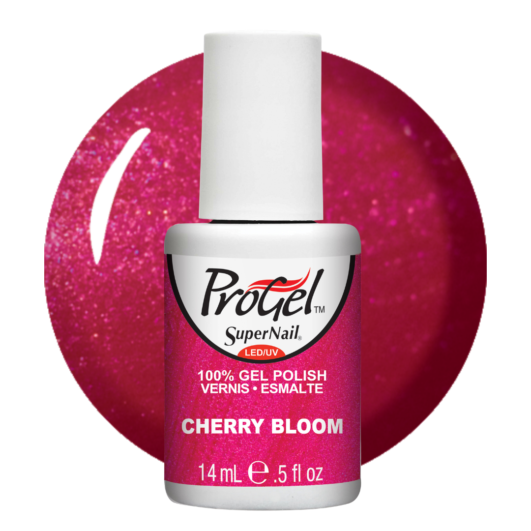 A bottle of ProGel SuperNail LED gel polish in the shade Cherry Bloom, featuring a white cap and a pink glittery label, set against a matching pink glitter circular background.
