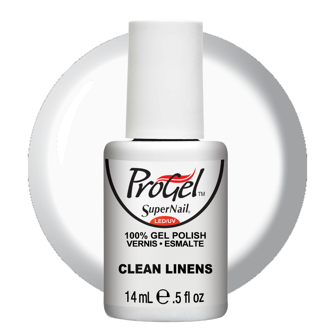 A bottle of ProGel SuperNail LED UV gel polish in the shade Clean Linens, shown against a white background with a circular color swatch.