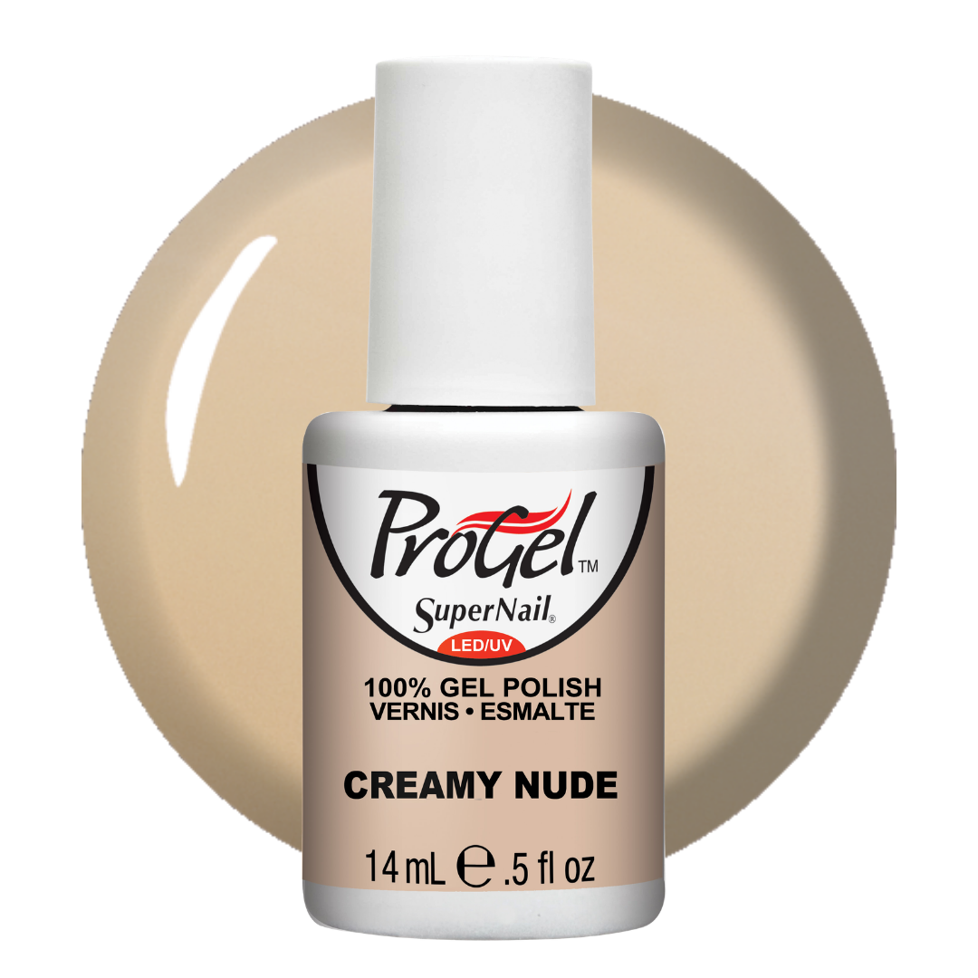 A bottle of Progel SuperNail LED UV Gel Polish in the shade Creamy Nude, shown in front of a circular beige polish swatch on a white background.