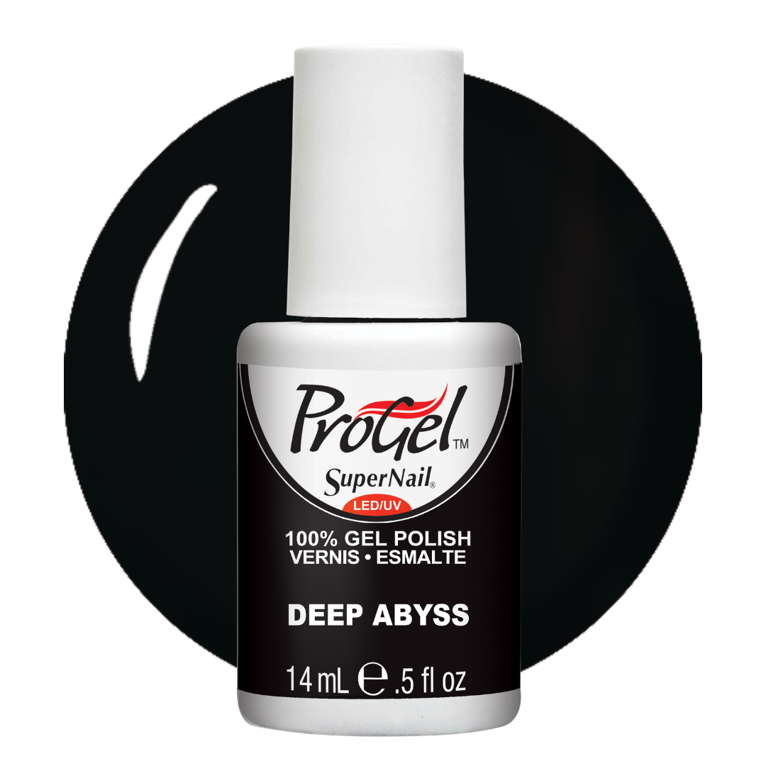 A bottle of ProGel SuperNail LED gel polish in the shade Deep Abyss, featuring a black and white bottle with a white cap, set against a black circular background on a white studio backdrop.