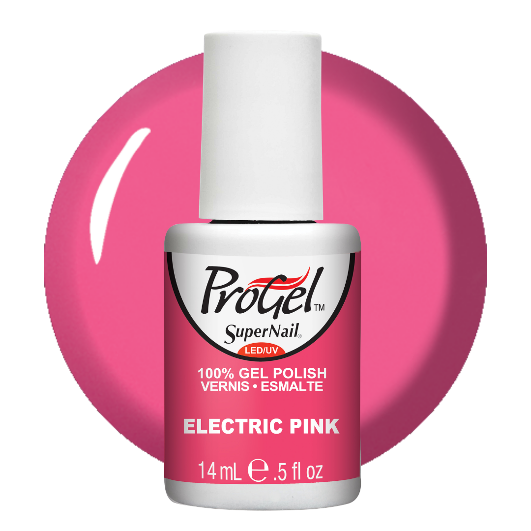A bottle of ProGel SuperNail LED UV gel polish in the shade Electric Pink, shown against a matching pink circular background swatch on a white studio background.