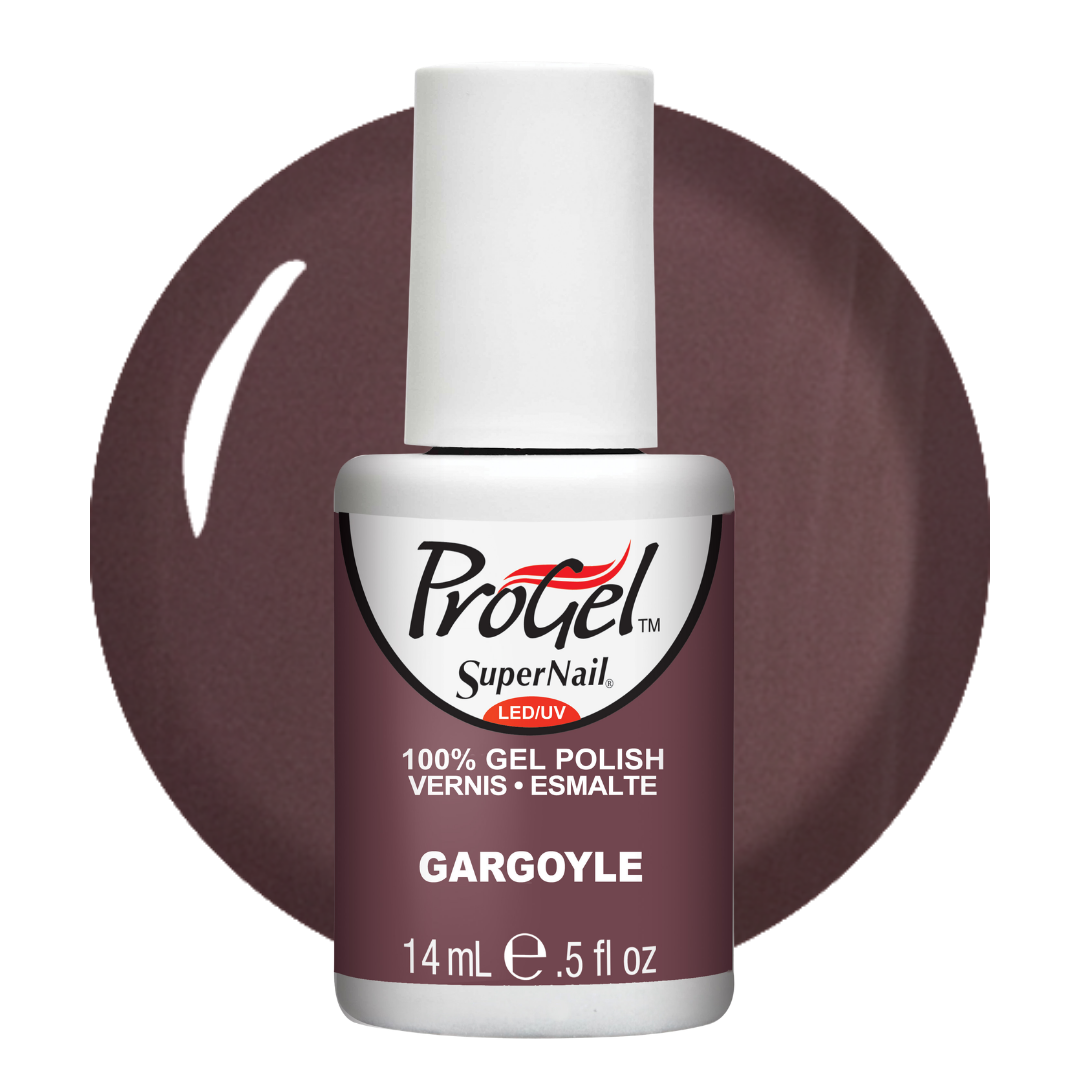 A bottle of ProGel SuperNail LED UV gel polish in the shade Gargoyle, shown against a white background with a matching mauve-brown circular color swatch behind it.