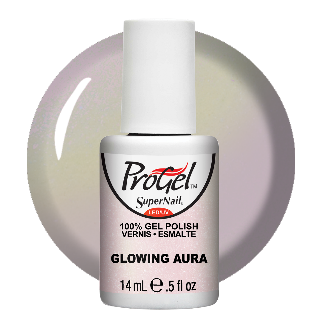 A bottle of ProGel SuperNail LED UV gel polish in the shade 'Glowing Aura', featuring a white cap and a silver label, set against a matching pale iridescent circular background.