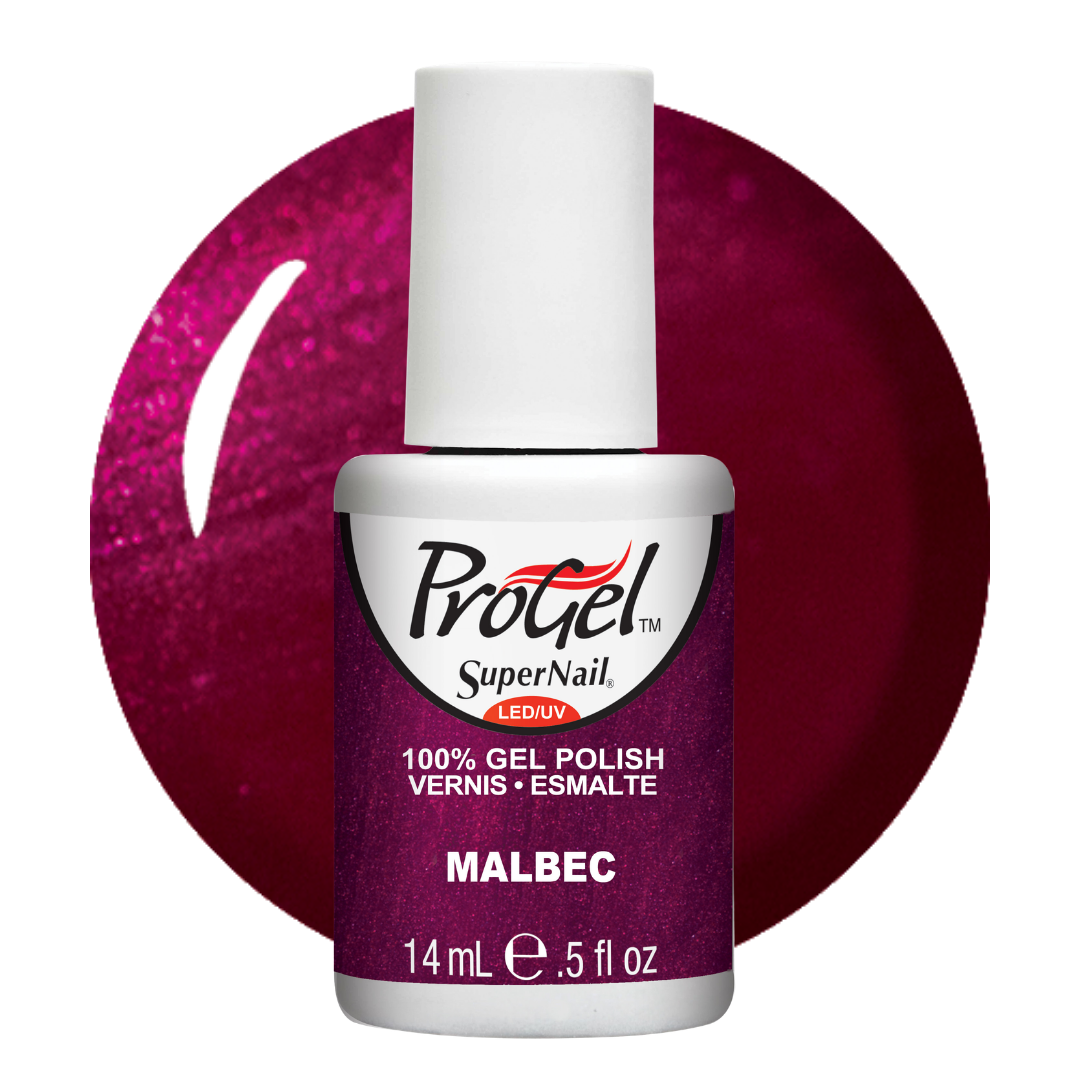 A bottle of Progel SuperNail LED gel polish in the shade Malbec, featuring a white cap and a purple label, set against a sparkling magenta circular background on a white studio backdrop.