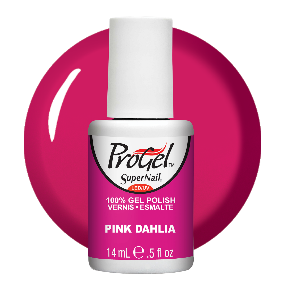 A bottle of Progel SuperNail LED UV gel nail polish in the shade Pink Dahlia, featuring a white cap and a magenta-pink label, set against a matching pink circular background on a white studio backdrop.