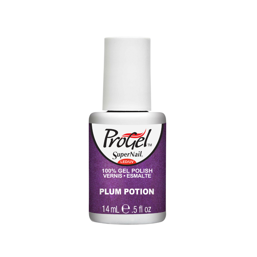 A bottle of Progel SuperNail LED gel polish in the shade Plum Potion, featuring a purple label and a white cap on a plain white background.