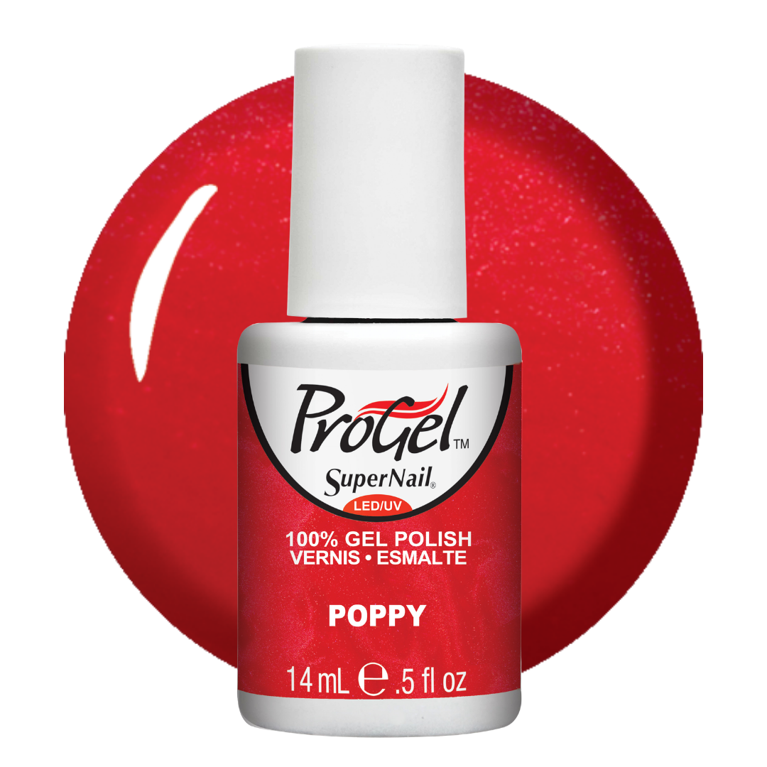 A bottle of ProGel SuperNail LED UV gel polish in the shade 'Poppy', featuring a vibrant red glitter polish color shown as a circular swatch behind the bottle.