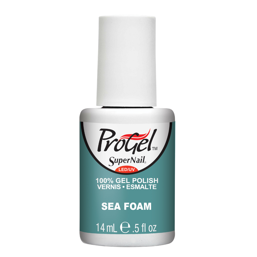 A bottle of ProGel SuperNail LED UV Gel Polish in the shade Sea Foam, featuring a white cap and a teal and white label.