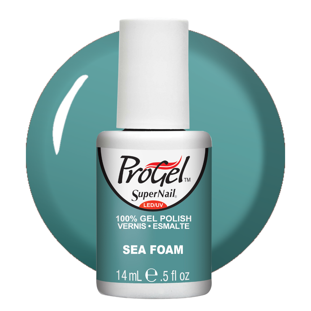 A bottle of ProGel SuperNail LED UV gel polish in the shade Sea Foam, featuring a teal color swatch background.