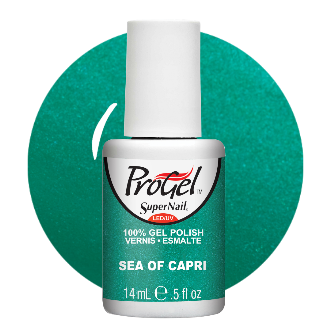 A bottle of ProGel SuperNail LED UV gel polish in the shade Sea of Capri, featuring a white cap and a teal-green label, set against a matching teal-green circular background on a white studio backdrop.