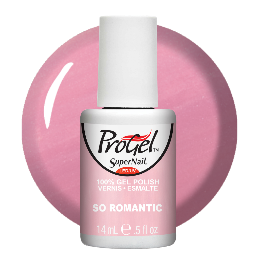 A bottle of ProGel SuperNail LED UV gel polish in the shade 'So Romantic', featuring a pink circular color swatch behind the bottle on a white background.