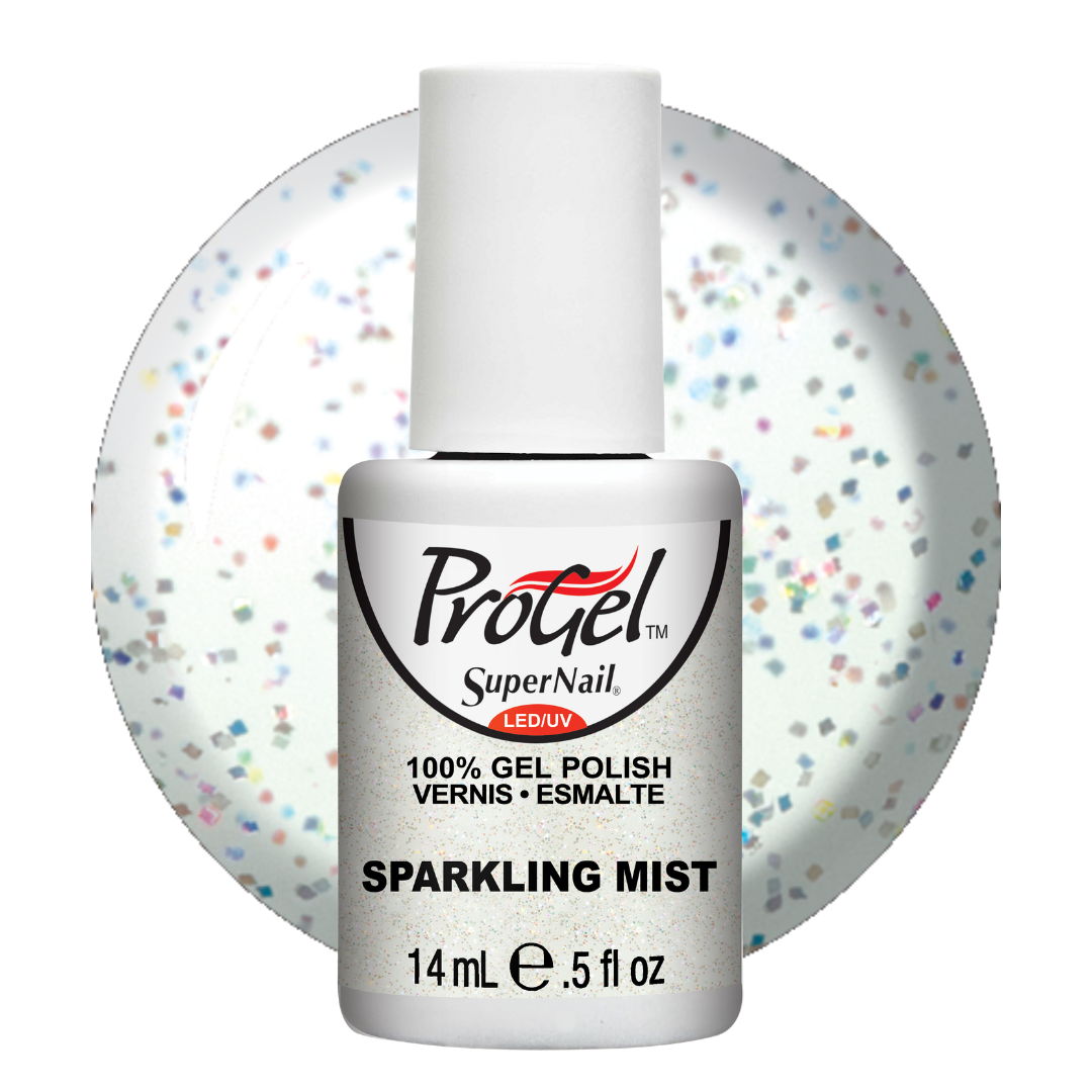 A bottle of Progel SuperNail LED UV 100% gel polish in the shade Sparkling Mist, shown in front of a circular swatch displaying the shimmering, multi-colored glitter effect of the polish.