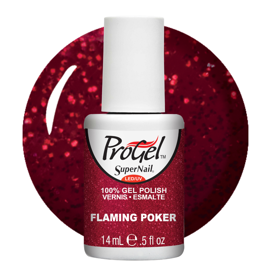 A bottle of Protgel SuperNail LED gel polish in the shade 'Flaming Poker', featuring a white cap and a red glittery label, set against a matching red glittery circular background on a white studio backdrop.
