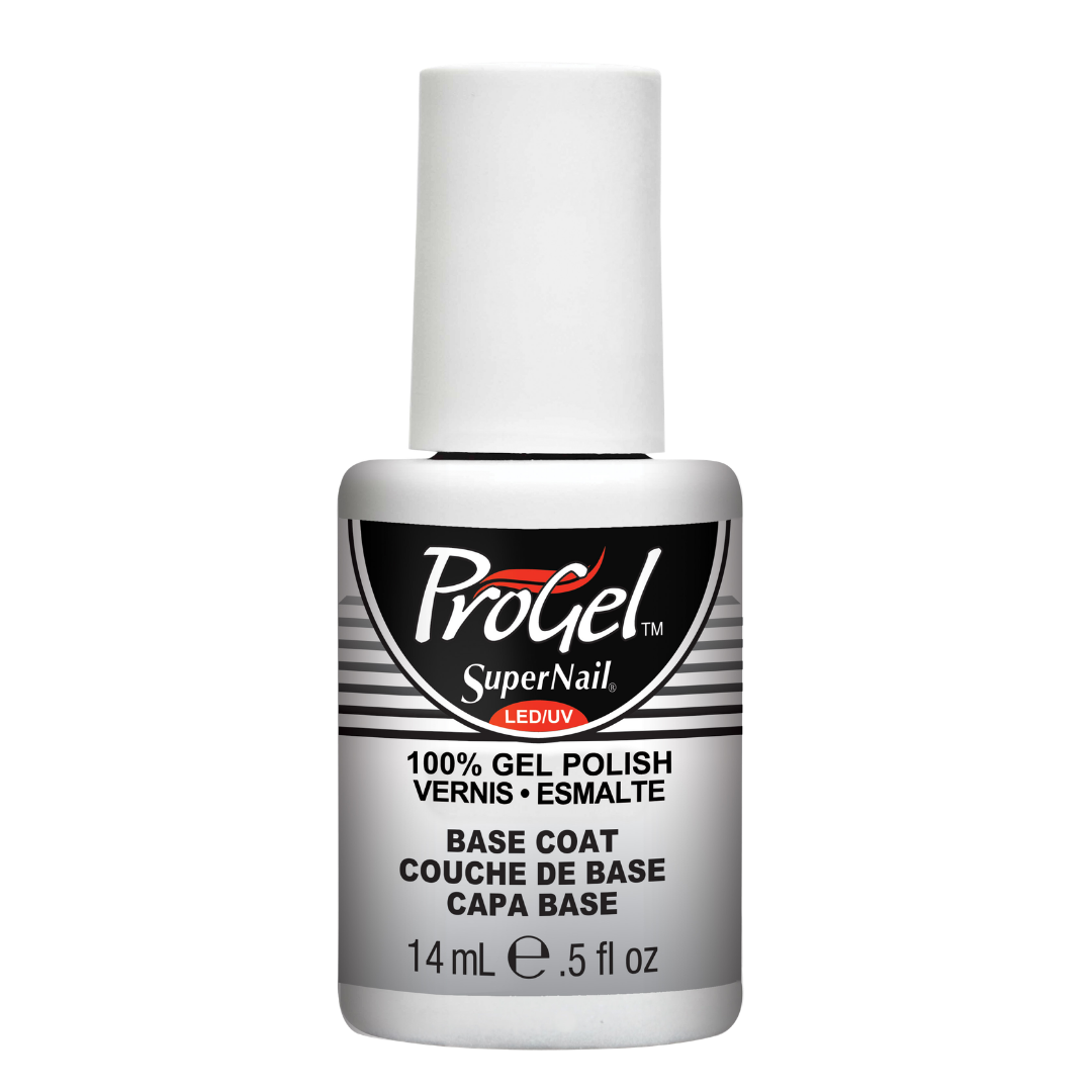 A bottle of ProGel SuperNail LED Base Coat gel polish in a silver bottle with a white cap, shown on a plain white background.